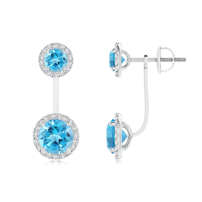 6mm AAA Round Swiss Blue Topaz Front-Back Drop Earrings in White Gold