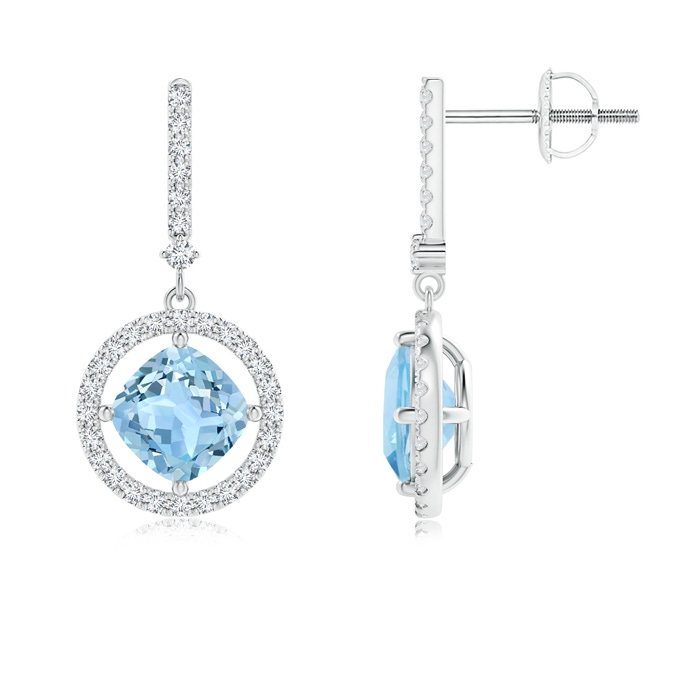 6mm AAA Floating Cushion Aquamarine and Diamond Halo Drop Earrings in White Gold