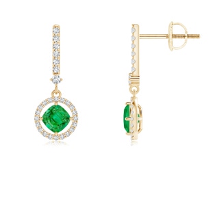 4mm AAA Floating Cushion Emerald and Diamond Halo Drop Earrings in Yellow Gold