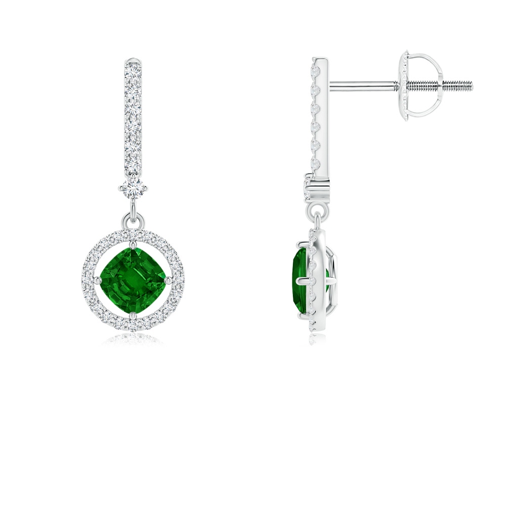 4mm AAAA Floating Cushion Emerald and Diamond Halo Drop Earrings in P950 Platinum