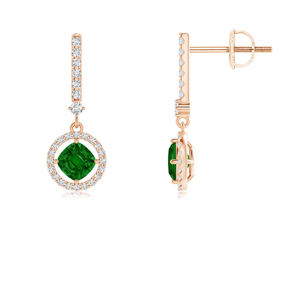 4mm AAAA Floating Cushion Emerald and Diamond Halo Drop Earrings in Rose Gold
