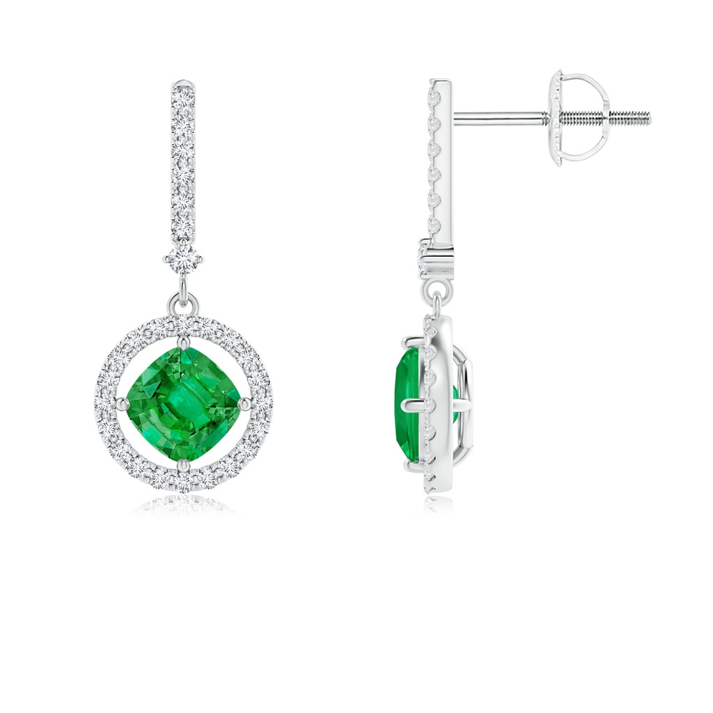 5mm AAA Floating Cushion Emerald and Diamond Halo Drop Earrings in White Gold