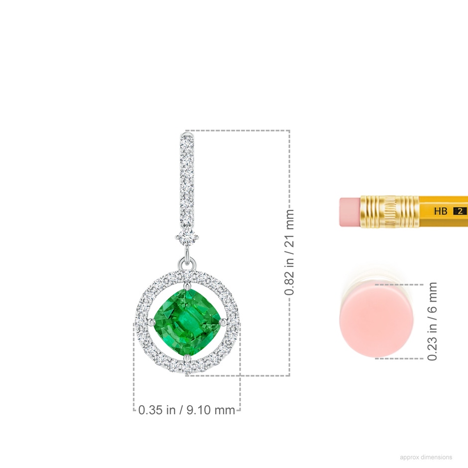 5mm AAA Floating Cushion Emerald and Diamond Halo Drop Earrings in White Gold ruler