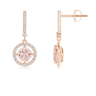 5mm AAA Floating Cushion Morganite and Diamond Halo Drop Earrings in Rose Gold
