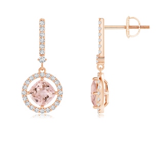 5mm AAAA Floating Cushion Morganite and Diamond Halo Drop Earrings in Rose Gold