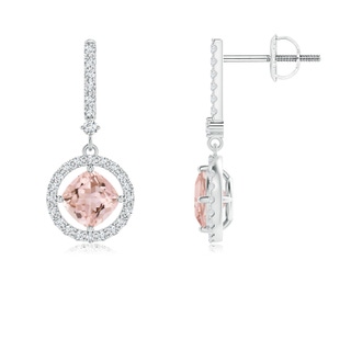 5mm AAAA Floating Cushion Morganite and Diamond Halo Drop Earrings in White Gold
