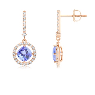 5mm A Floating Cushion Tanzanite and Diamond Halo Drop Earrings in Rose Gold
