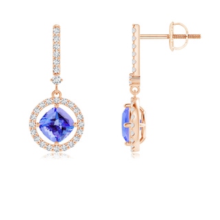 5mm AA Floating Cushion Tanzanite and Diamond Halo Drop Earrings in Rose Gold