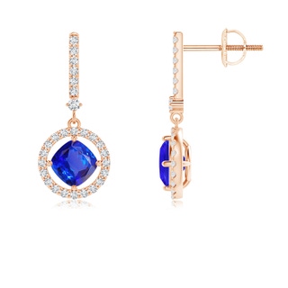 5mm AAA Floating Cushion Tanzanite and Diamond Halo Drop Earrings in 10K Rose Gold