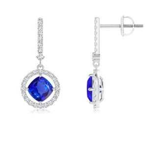 5mm AAA Floating Cushion Tanzanite and Diamond Halo Drop Earrings in White Gold