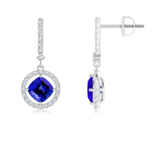 5mm AAAA Floating Cushion Tanzanite and Diamond Halo Drop Earrings in P950 Platinum