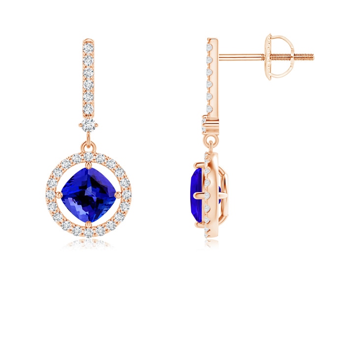 5mm AAAA Floating Cushion Tanzanite and Diamond Halo Drop Earrings in Rose Gold