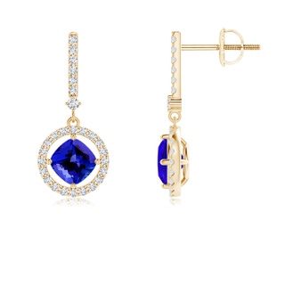 5mm AAAA Floating Cushion Tanzanite and Diamond Halo Drop Earrings in Yellow Gold