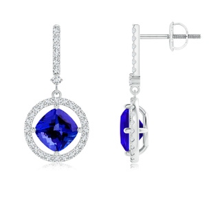 6mm AAAA Floating Cushion Tanzanite and Diamond Halo Drop Earrings in P950 Platinum