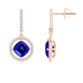 6mm AAAA Floating Cushion Tanzanite and Diamond Halo Drop Earrings in Rose Gold