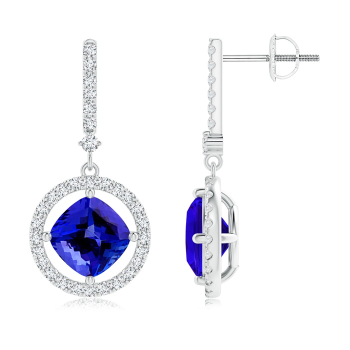 7mm AAAA Floating Cushion Tanzanite and Diamond Halo Drop Earrings in White Gold 