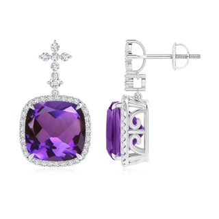 10mm AAAA Cushion Amethyst Halo Earrings with Diamond Clustres in White Gold