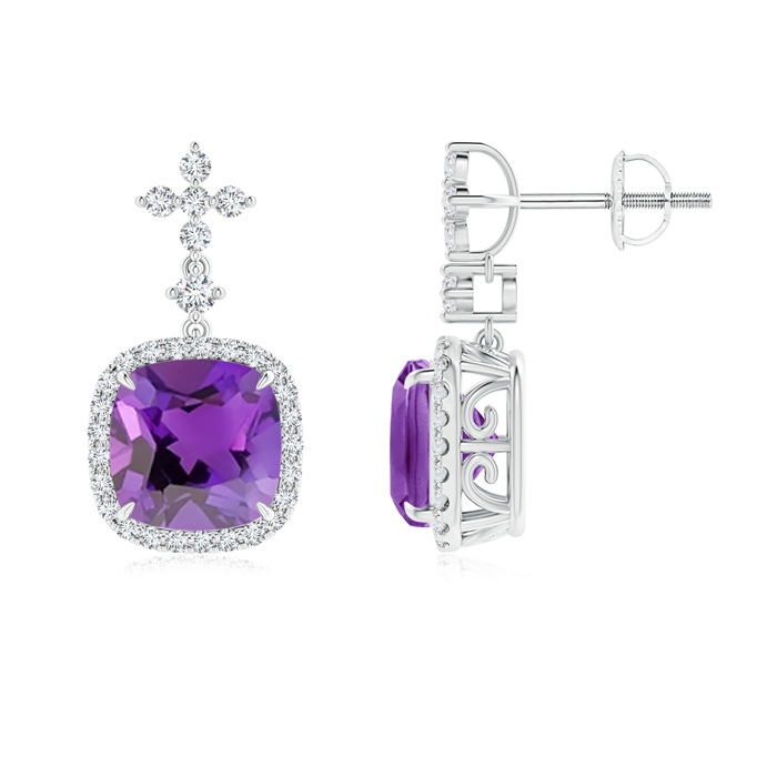 8mm AAA Cushion Amethyst Halo Earrings with Diamond Clustres in White Gold 