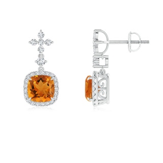 6mm AAA Cushion Citrine Halo Earrings with Diamond Clustres in White Gold