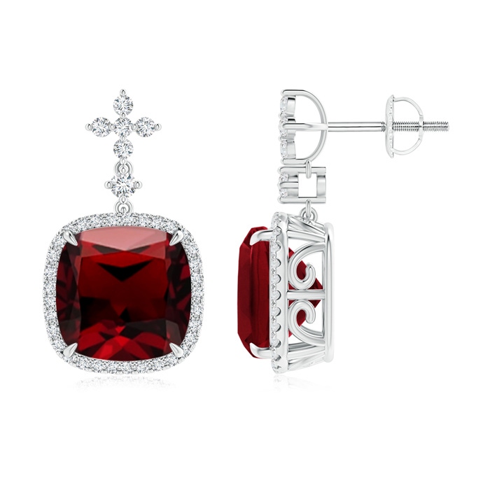 10mm AAAA Cushion Garnet Halo Earrings with Diamond Clustres in P950 Platinum