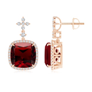 10mm AAAA Cushion Garnet Halo Earrings with Diamond Clustres in Rose Gold