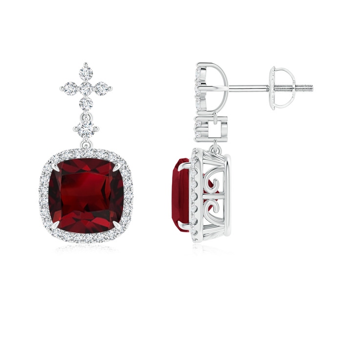 8mm AAA Cushion Garnet Halo Earrings with Diamond Clustres in White Gold