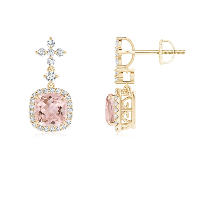 6mm AAAA Cushion Morganite Halo Earrings with Diamond Clusters in Yellow Gold