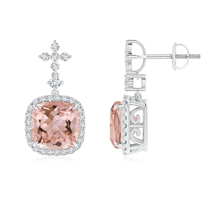 8mm AAAA Cushion Morganite Halo Earrings with Diamond Clustres in White Gold