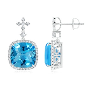 10mm AAAA Cushion Swiss Blue Topaz Halo Earrings with Diamonds in P950 Platinum