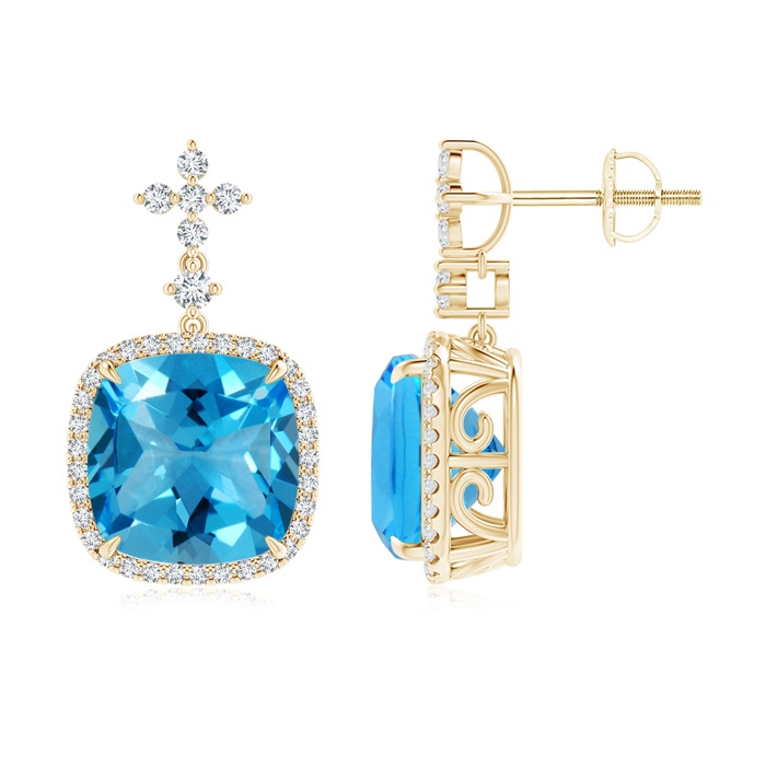 10mm AAAA Cushion Swiss Blue Topaz Halo Earrings with Diamonds in Yellow Gold