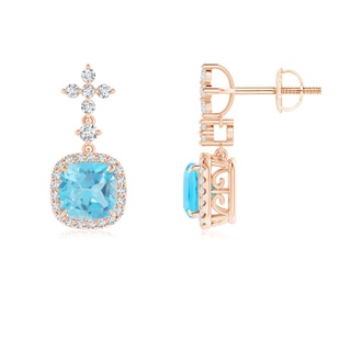 6mm AA Cushion Swiss Blue Topaz Halo Earrings with Diamonds in Rose Gold