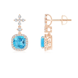 6mm AAA Cushion Swiss Blue Topaz Halo Earrings with Diamonds in Rose Gold