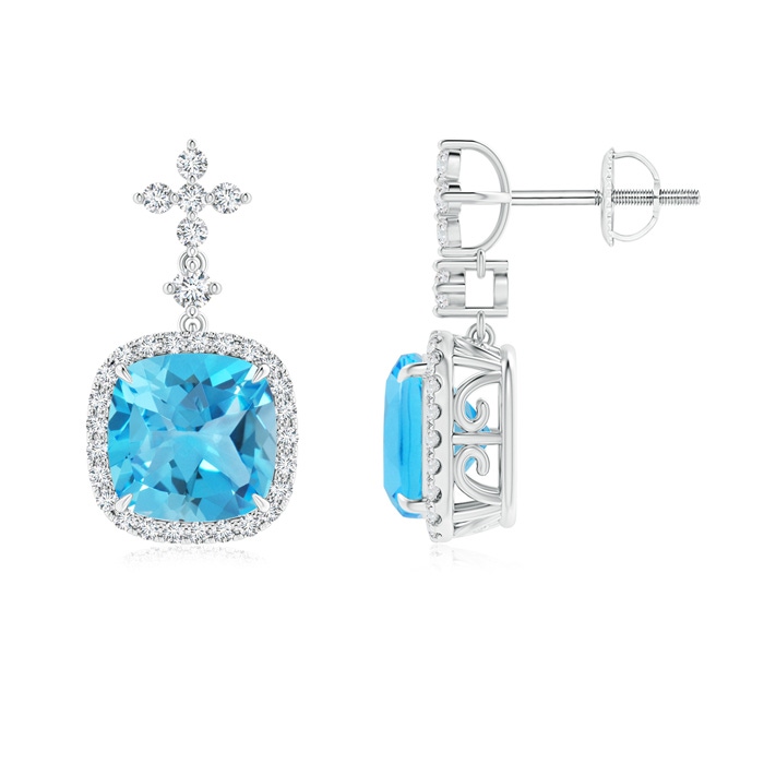 8mm AAA Cushion Swiss Blue Topaz Halo Earrings with Diamonds in White Gold