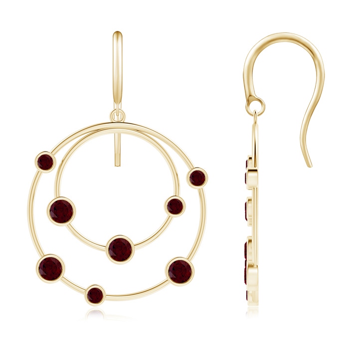 3mm A Scattered Bezel Garnet Twin Circle Earrings in Yellow Gold 