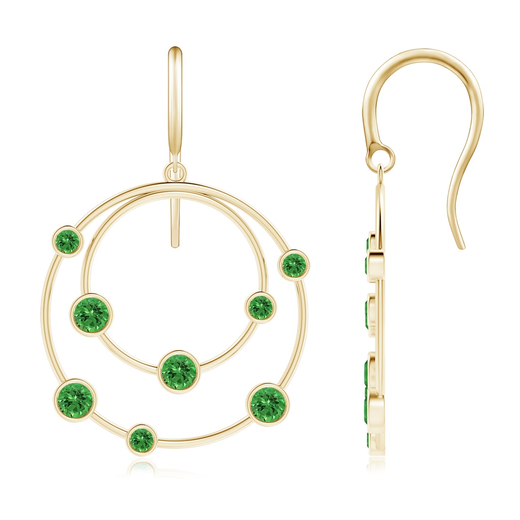 3mm AAAA Scattered Bezel Tsavorite Twin Circle Earrings in Yellow Gold