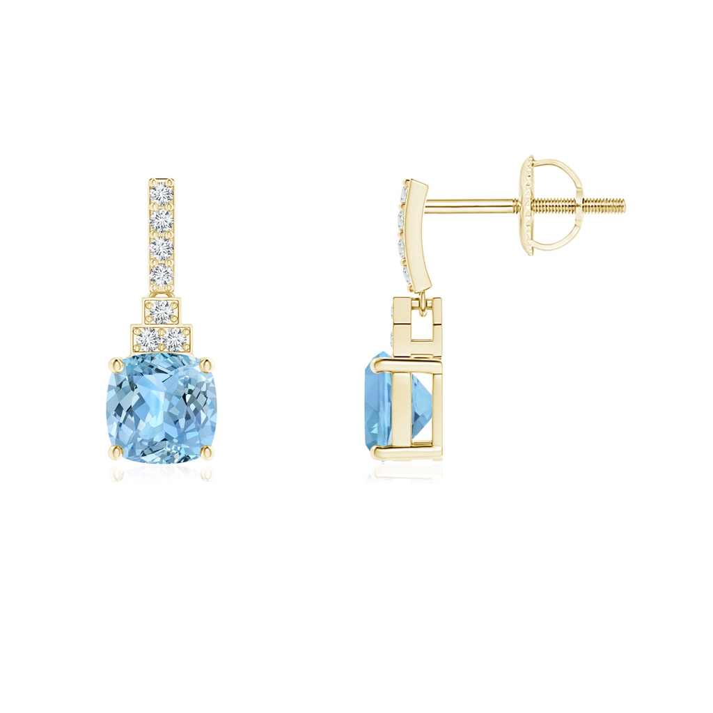 5mm AAAA Cushion Aquamarine Dangle Earrings with Diamonds in Yellow Gold