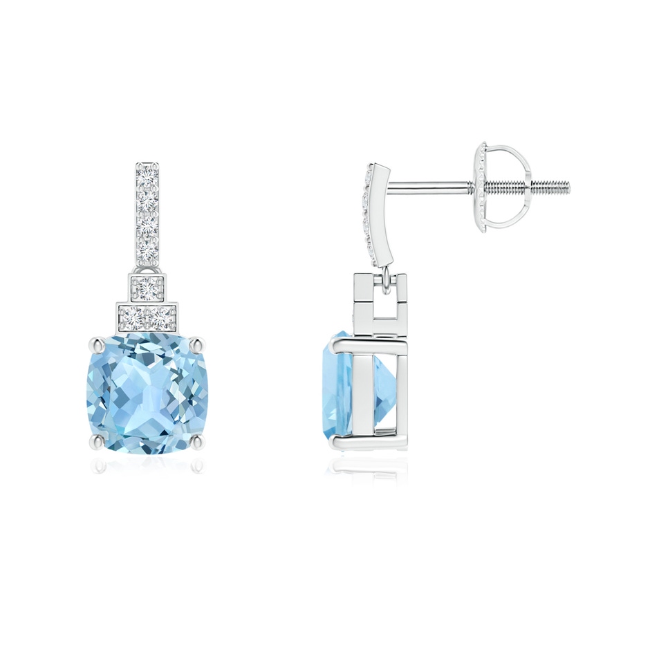 6mm AAA Cushion Aquamarine Dangle Earrings with Diamonds in White Gold 