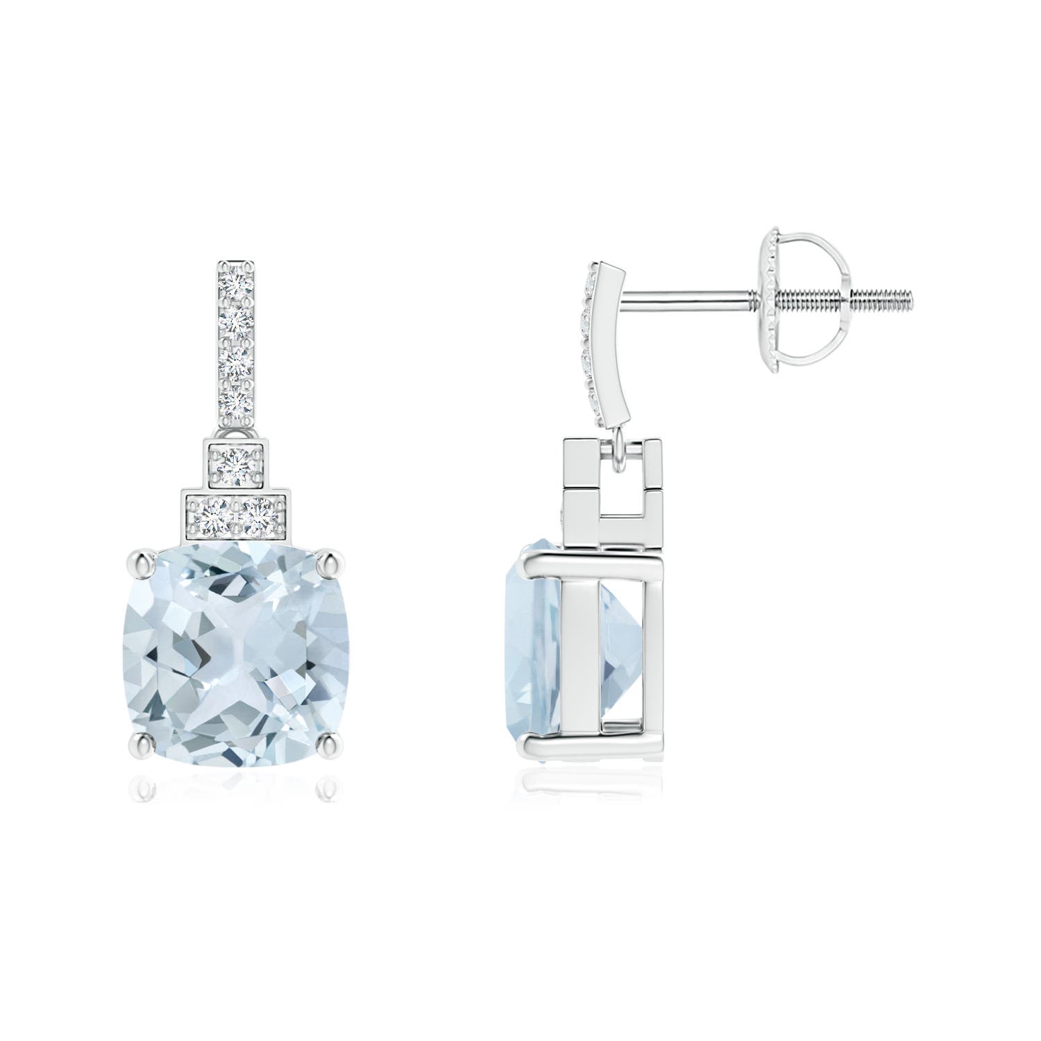 7mm A Cushion Aquamarine Dangle Earrings with Diamonds in P950 Platinum