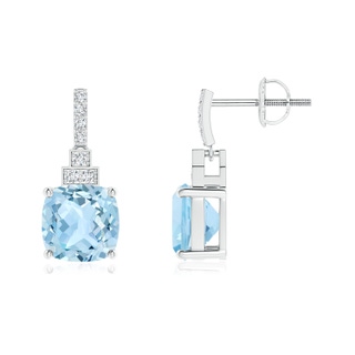 7mm AAA Cushion Aquamarine Dangle Earrings with Diamonds in White Gold