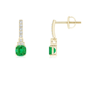 4mm AAA Cushion Emerald Dangle Earrings with Diamonds in Yellow Gold