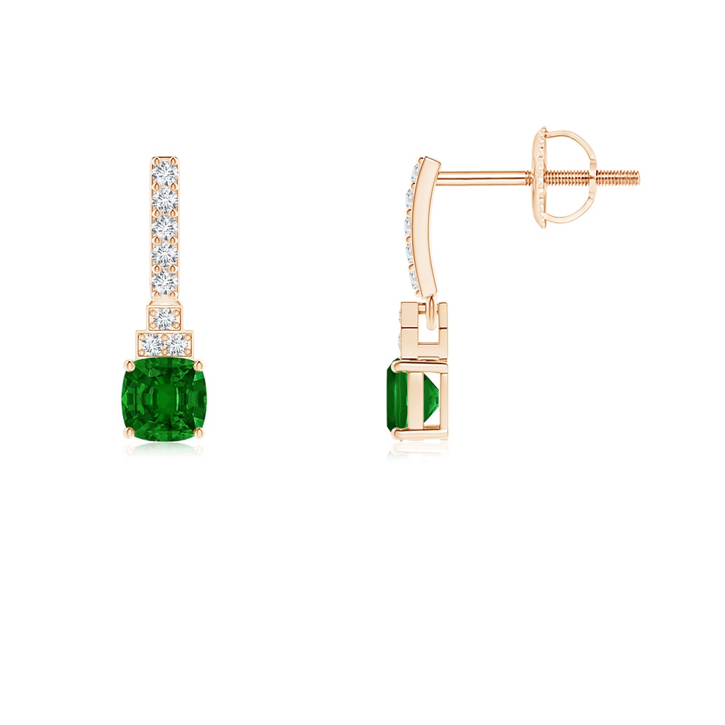4mm AAAA Cushion Emerald Dangle Earrings with Diamonds in Rose Gold
