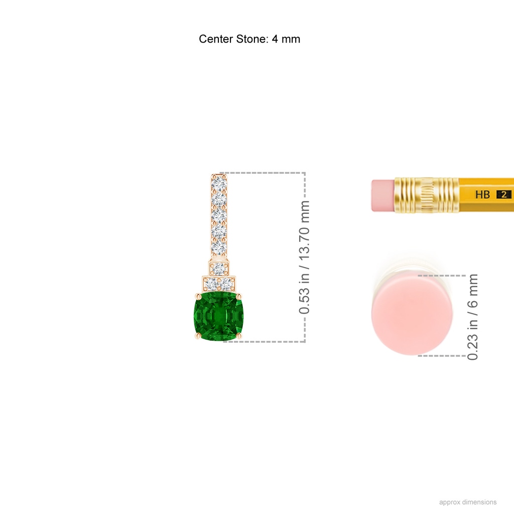 4mm AAAA Cushion Emerald Dangle Earrings with Diamonds in Rose Gold Ruler