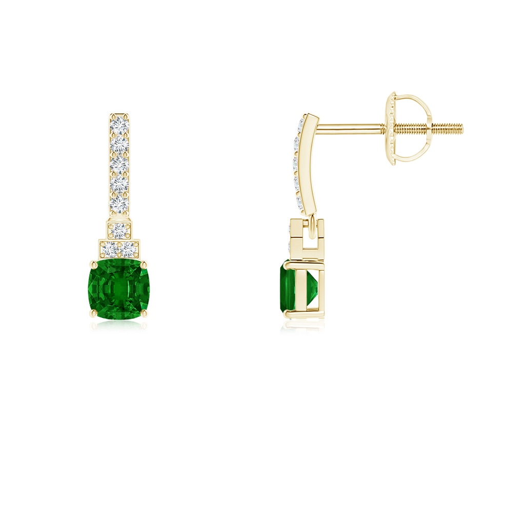 4mm AAAA Cushion Emerald Dangle Earrings with Diamonds in Yellow Gold