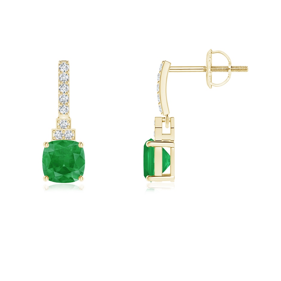 5mm A Cushion Emerald Dangle Earrings with Diamonds in Yellow Gold 