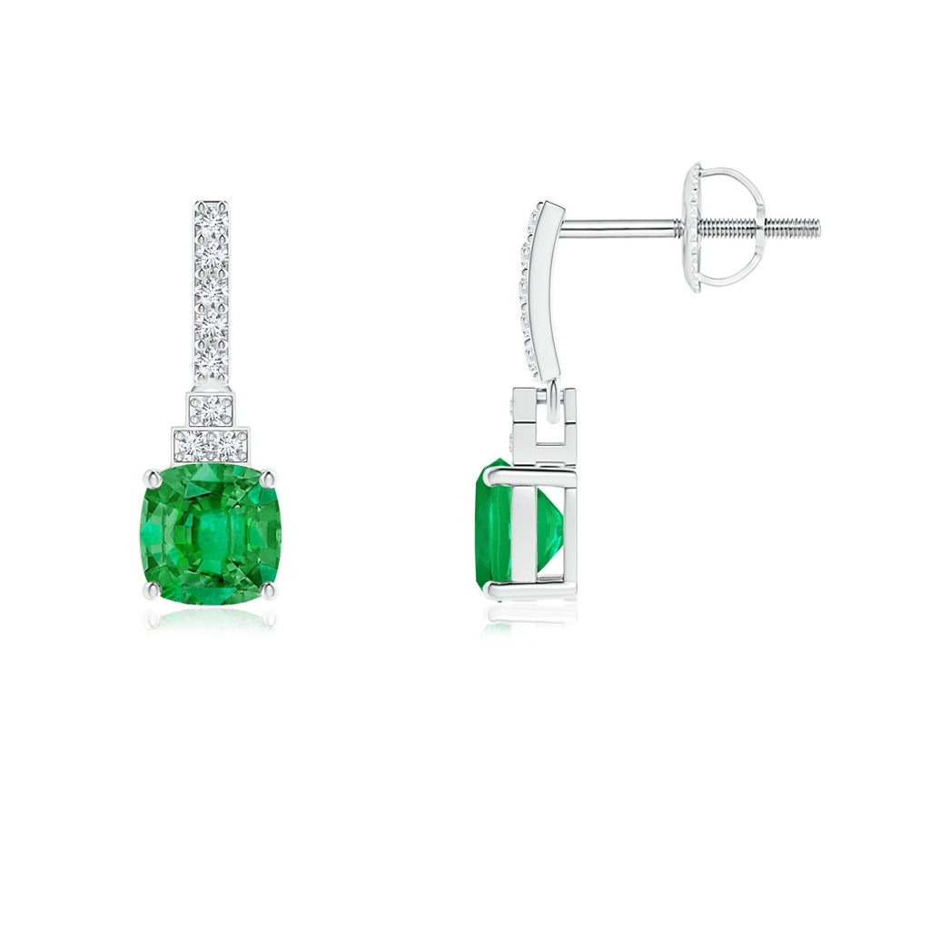 5mm AAA Cushion Emerald Dangle Earrings with Diamonds in White Gold