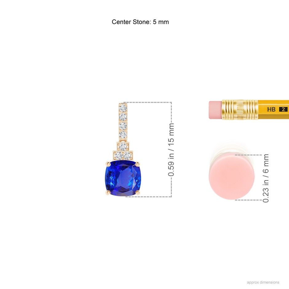 5mm AAA Cushion Tanzanite Dangle Earrings with Diamonds in Rose Gold ruler