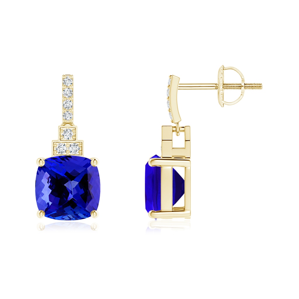 7mm AAAA Cushion Tanzanite Dangle Earrings with Diamonds in Yellow Gold