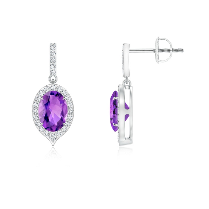 7x5mm AAA Claw-Set Oval Amethyst and Diamond Halo Earrings in White Gold