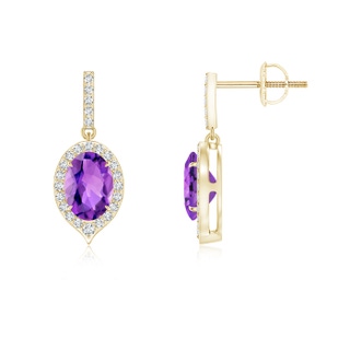 7x5mm AAA Claw-Set Oval Amethyst and Diamond Halo Earrings in Yellow Gold