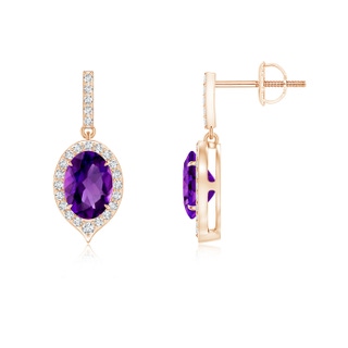 7x5mm AAAA Claw-Set Oval Amethyst and Diamond Halo Earrings in Rose Gold